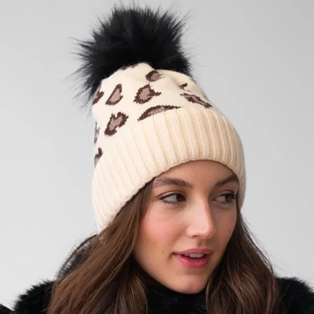 NWT New Adrienne Landau Beige/Black Animal Print Faux Fur Pom-Pom Hat/Beanie OS